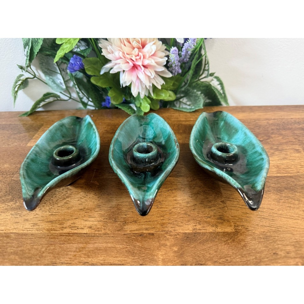 Blue‎ Mountain Pottery Green Drip Glaze Candle Holders Vintage Canadian Art MCM